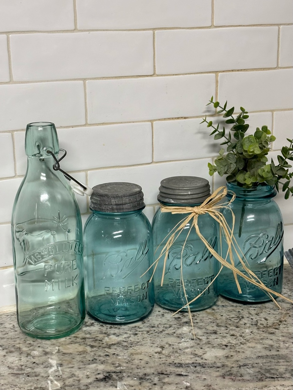 Blue Glass Farmhouse Decor Set Ball Mason Jars & Italian Glass Milk Bottle